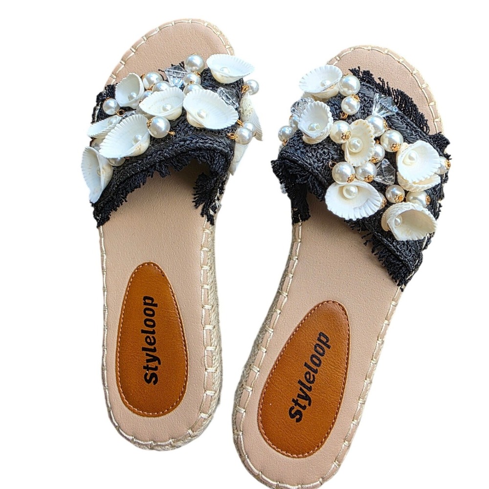 Styleloop Womens Shell Pearl Embellished Espadrille Slide Sandals Black Tan 37